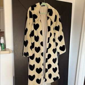 SHEIN Cream Faux Fur Long Coat with Black Heart Print